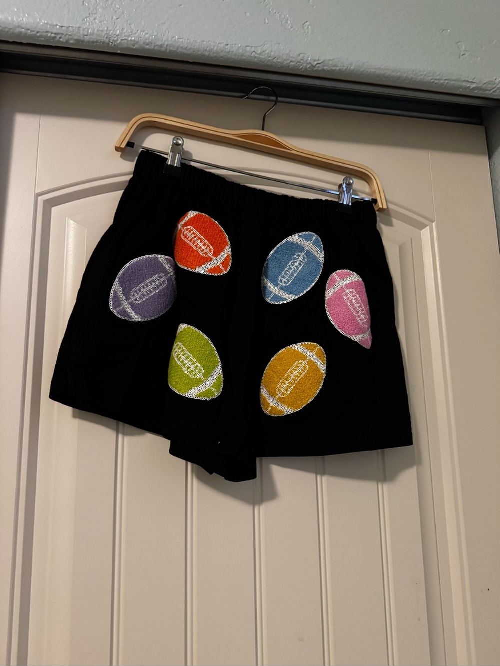 Peach Love California Black Athletic Shorts with Multicolor Football Patches